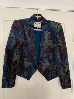 Womens Teal & Brown Brocade Double-Breasted Cropped Jacket